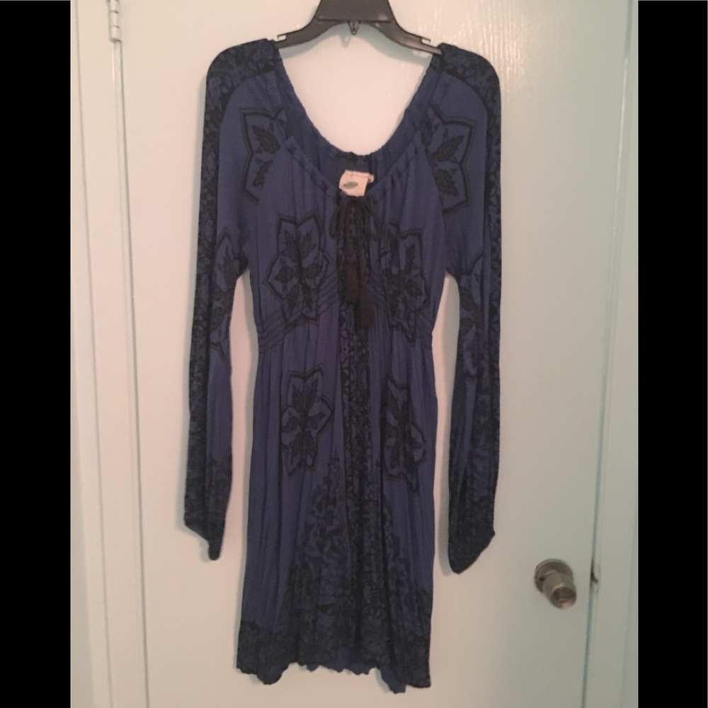 Nurture, long sleeve royal blue and black dress, with drawstring neckline.